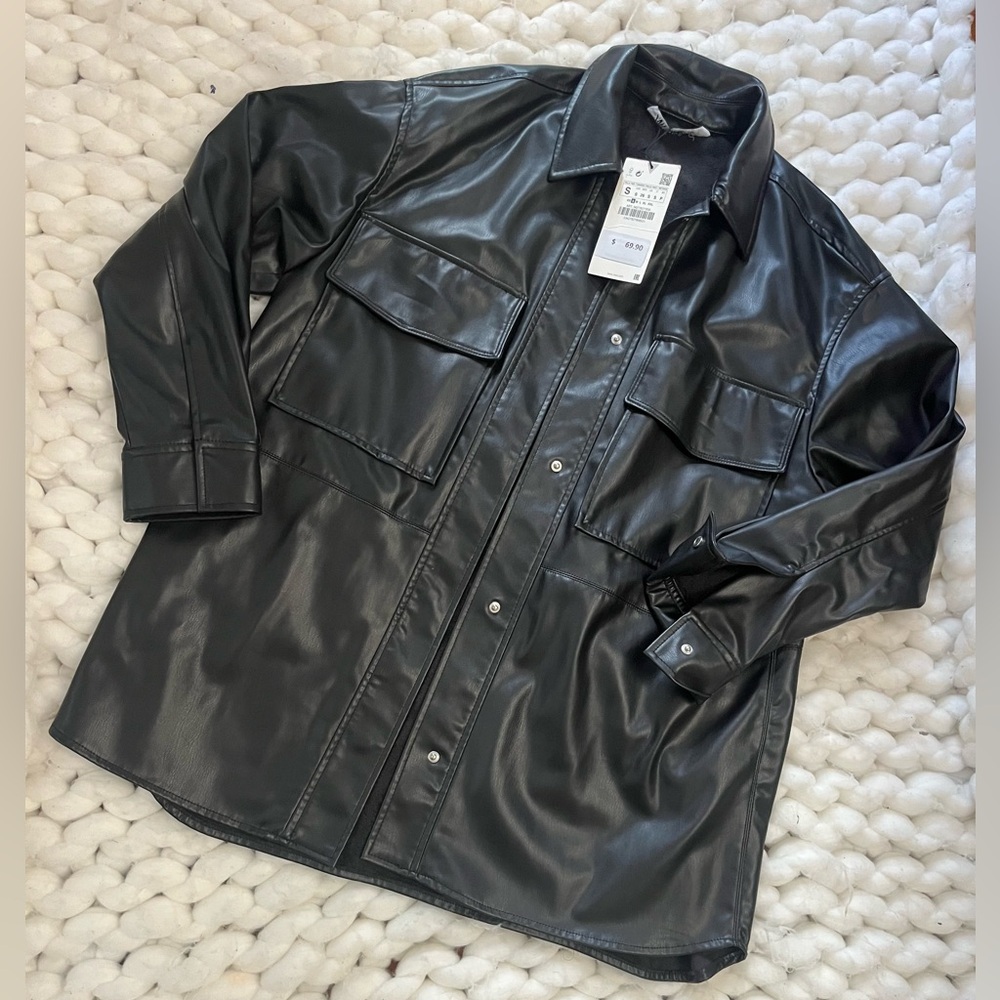 NWT Zara Black Faux Leather Button-Front Jacket
